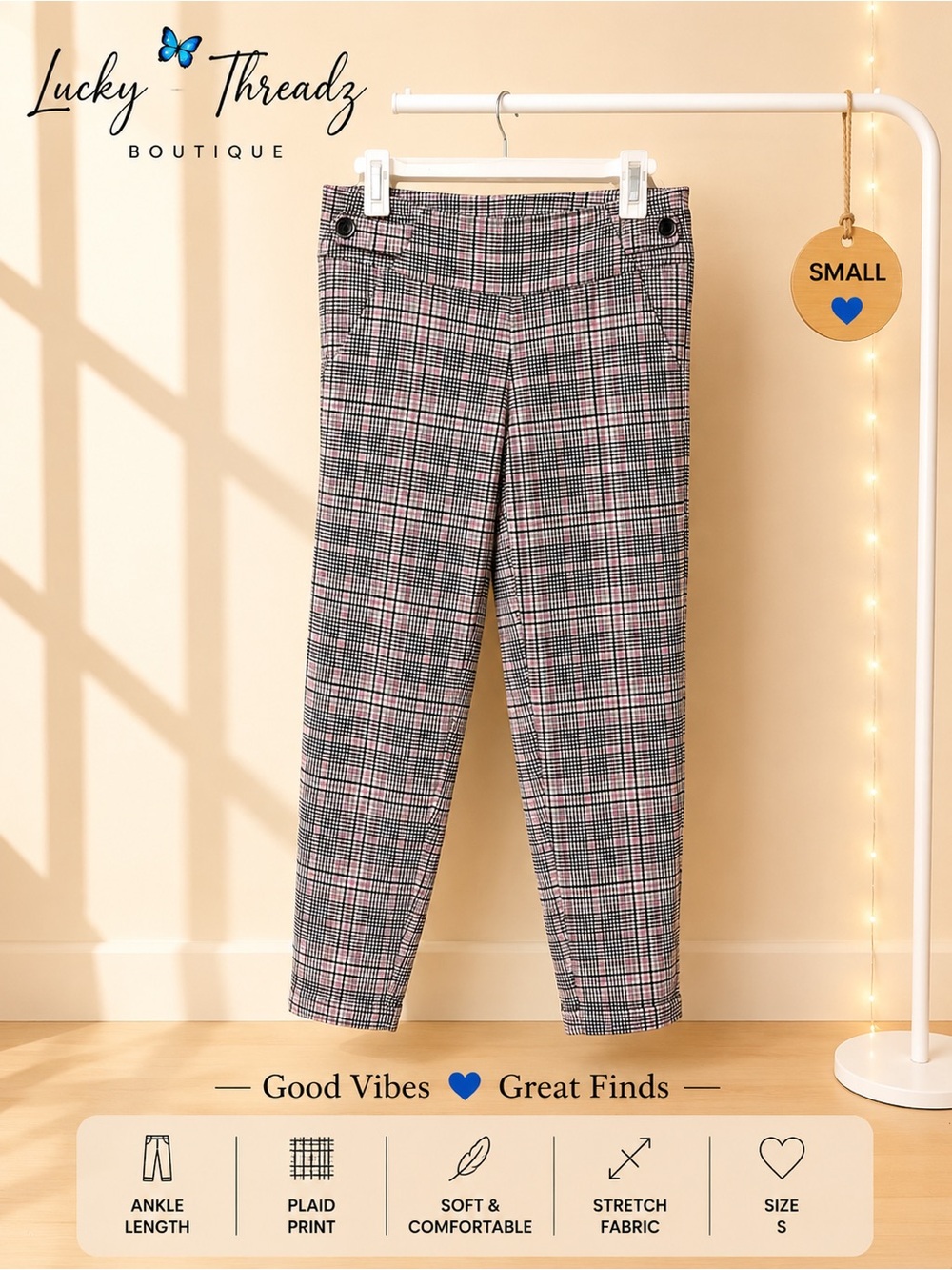 Pink Black Glen Plaid Ankle Trousers Workwear Business Casual Stretch Pants S